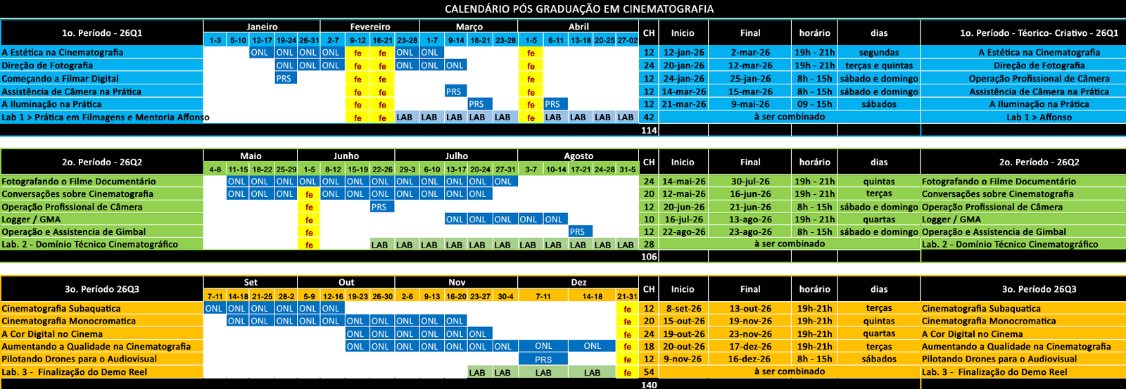 CALENDÁRIO PÓS GRADUAÇÃO EM CINEMATOGRAFIA